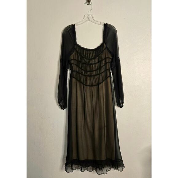 Black Silk Sheer Smocked Long Sleeve Midi Dress Size 6 Whimsigoth Witchy Y2k - Picture 1 of 13